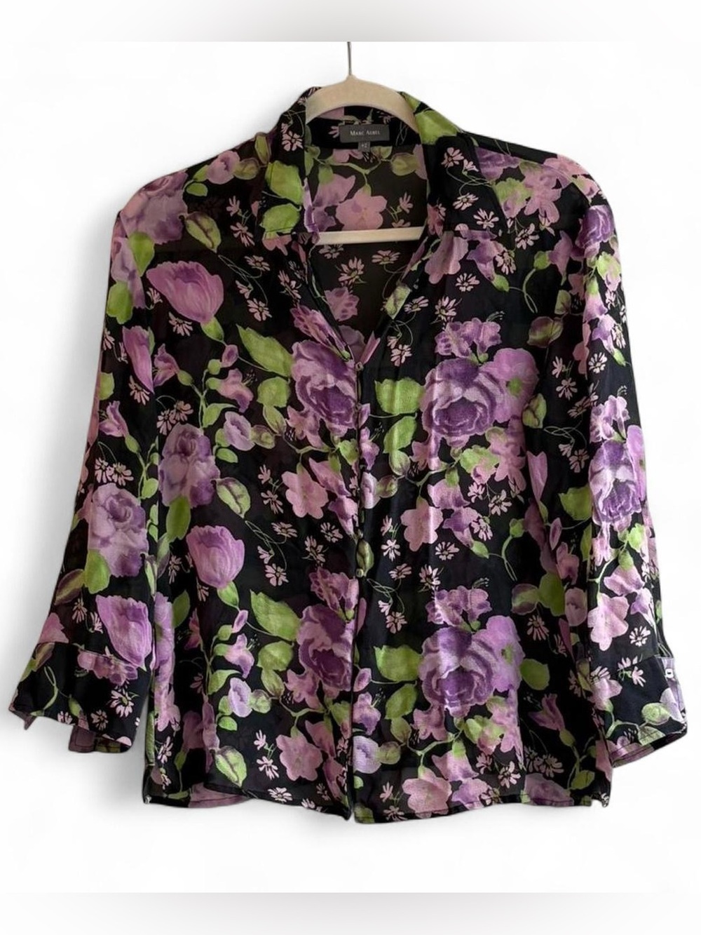 Marc Aurel Floral Black & Purple Chiffon Long Sleeve Button Up Blouse Size 42